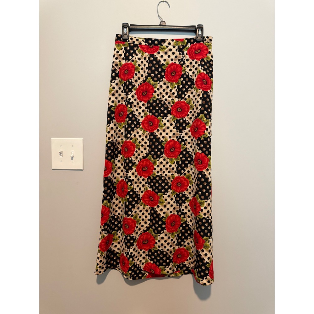 Sag Harbor Red Poppy Floral Polka Dot Maxi Skirt Size 10 Vintage Style